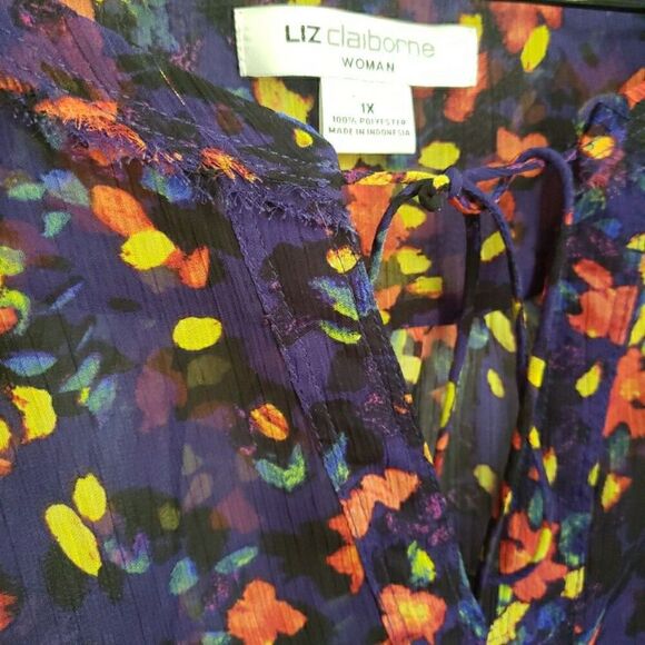 Liz Claiborne Floral Short Sleeve Tie V-Neck Sheer Blouse Top Women's Size 1X - Picture 4 of 10